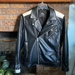 Zara Black Faux Leather Biker Jacket with White Shoulder Accents